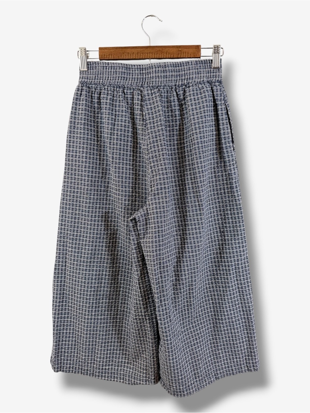 Mo:Vint Wide Leg Cropped Pants Size S Blue White Micro Gingham Pull On Waist - Picture 8 of 10
